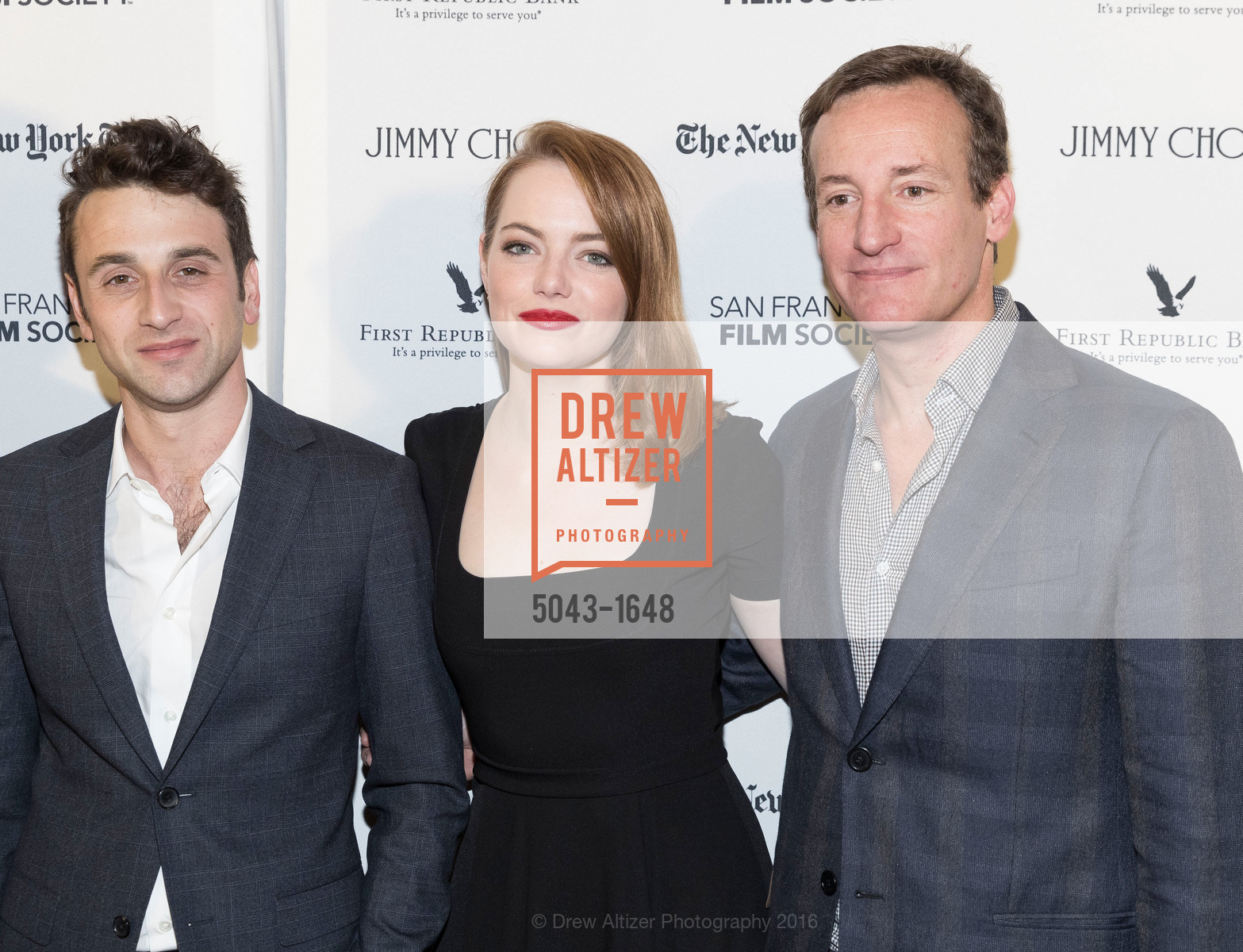 Justin Hurwitz, Emma Stone, Todd Traina, SF FILM SOCIETY PRESENTS SF HONORS: 'LA LA LAND', The Castro Theatre, Mezzanine level. 429 Castro Street, December 8th, 2016, Photo #5043-1648 Justin Hurwitz, Emma Stone, Todd Traina, Photo #5043-1648