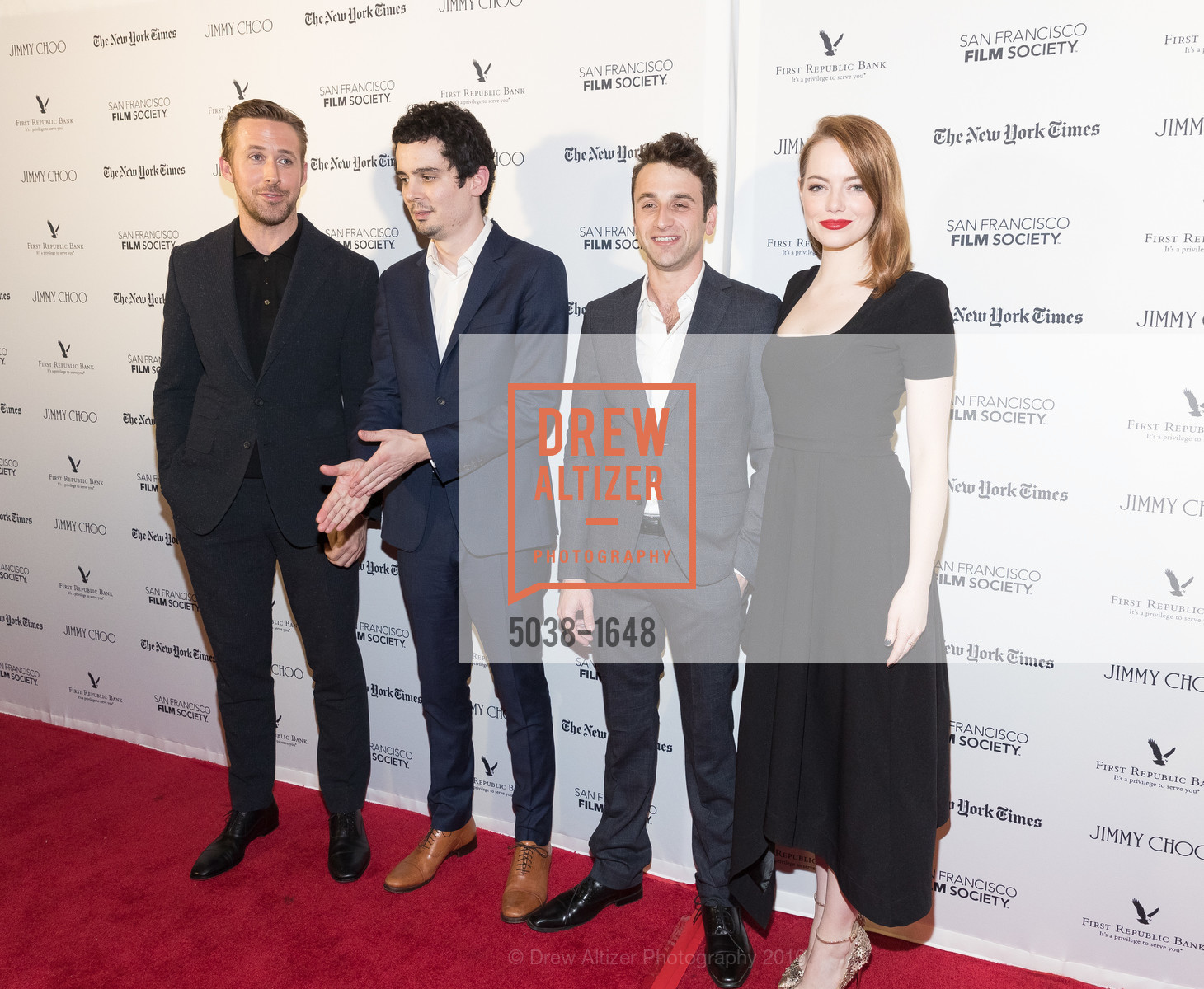 Ryan Gosling, Damien Chazelle, Justin Hurwitz, Emma Stone, SF FILM SOCIETY PRESENTS SF HONORS: 'LA LA LAND', The Castro Theatre, Mezzanine level. 429 Castro Street, December 8th, 2016, Photo #5038-1648 Ryan Gosling, Damien Chazelle, Justin Hurwitz, Emma Stone, Photo #5038-1648
