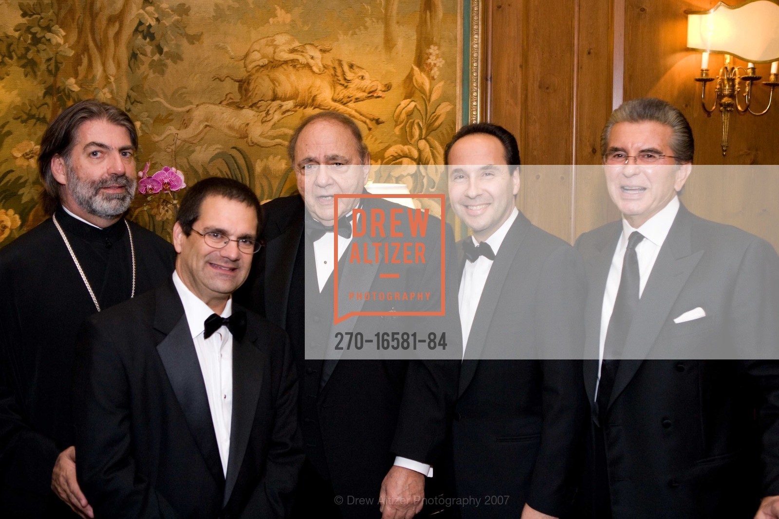Metropolitan Nikitas, Gus Bilirakis, Michael Constantine, Art Dimopoulos, George Marcus, The Elios Society's 2007 Hellenic Charity Ball, The Fairmont Hotel, Ballroom. 950 Mason St, San Francisco, CA 94108, November 3rd, 2007, Photo #270-16581-84 Metropolitan Nikitas, Gus Bilirakis, Michael Constantine, Art Dimopoulos, George Marcus, Photo #270-16581-84