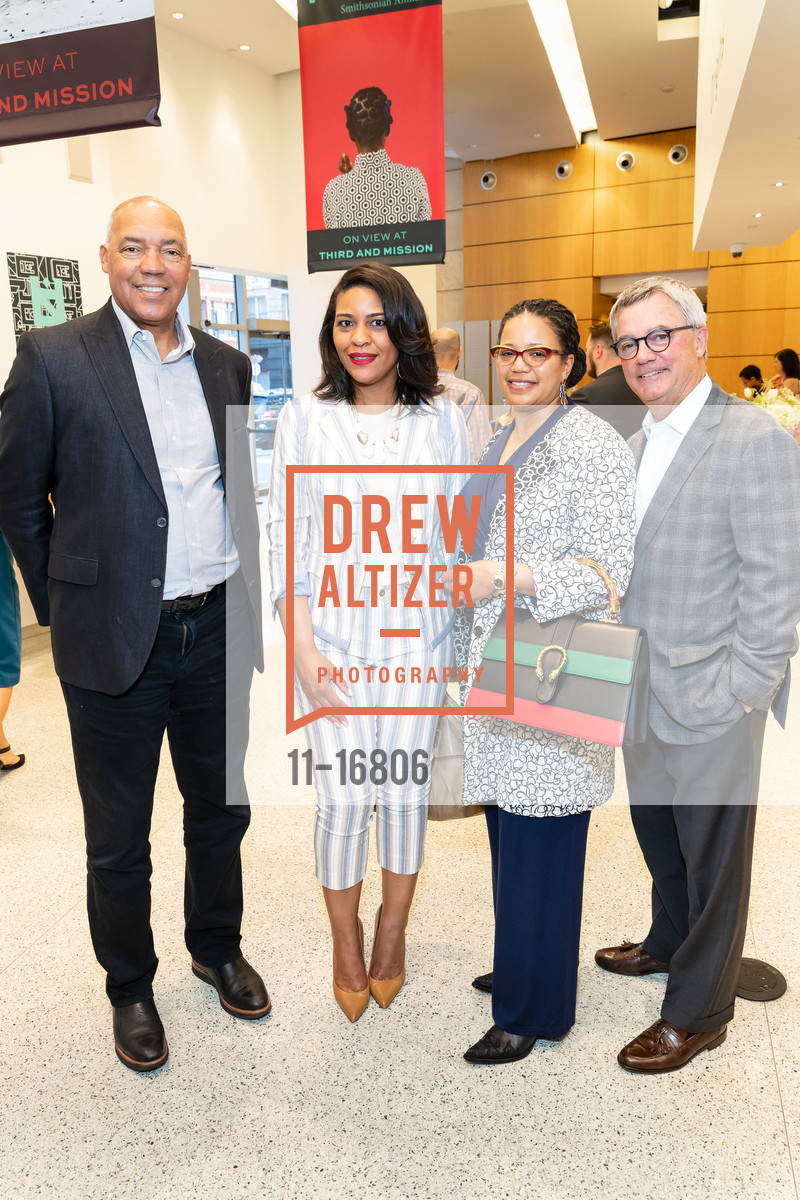 Dan Johnson, Veda Bartlow, Yvette Hollingsworth Clark, Wade Rose, Diaspora Dinner 2018 Benefitting the Museum of African Diaspora, MoAD. 685 Mission St, June 11th, 2018, Photo #11-16806 Dan Johnson, Veda Bartlow, Yvette Hollingsworth Clark, Wade Rose, Photo #11-16806
