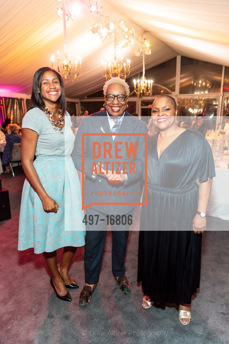 Shakirah Simley, Linda Harrison, Tanya Holland, Diaspora Dinner 2018 Benefitting the Museum of African Diaspora, MoAD. 685 Mission St, Photo #497-16806 Shakirah Simley, Linda Harrison, Tanya Holland, Photo #497-16806
