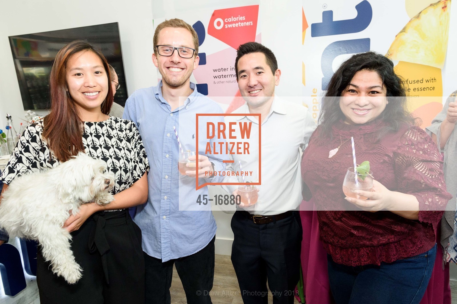 Kat Bu, Ted Mosley, Blake Kurisu, Clara Rappi, hint Water Bar Grand Opening Celebration, hint Water Bar. 2124 Union Street, July 12th, 2018, Photo #45-16880 Kat Bu, Ted Mosley, Blake Kurisu, Clara Rappi, Photo #45-16880