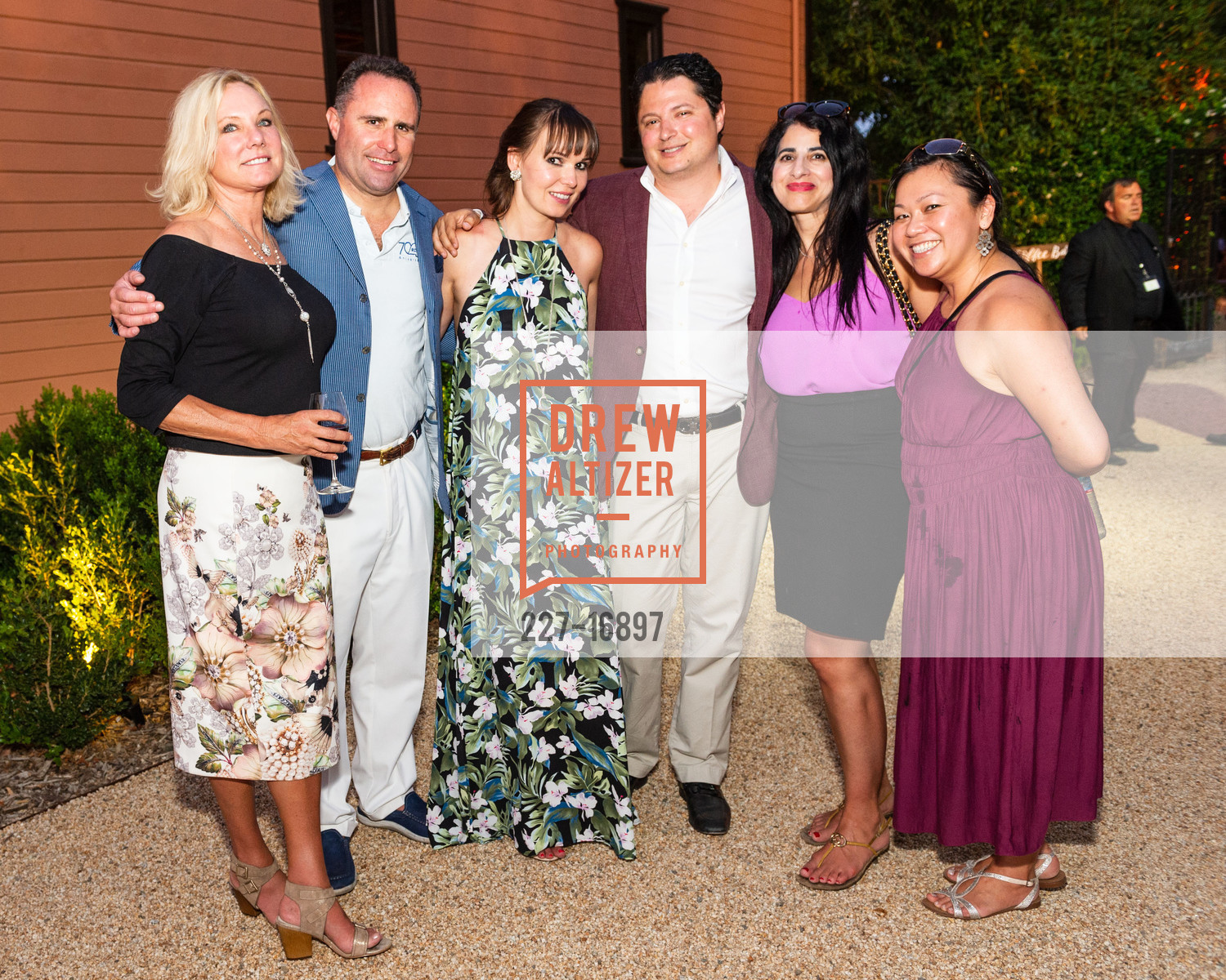 Laura Tinthoff, John Harrington, Olga Troxel, Serge Troxel, Laura Roman, Jeannie Cuan, Festival Napa Valley 2018 Trefethen Anniversary Dinner and Compay Segundo Concert, Trefethen Family Vineyard. 1160 Oak Knoll Avenue, July 21st, 2018, Photo #227-16897 Laura Tinthoff, John Harrington, Olga Troxel, Serge Troxel, Laura Roman, Jeannie Cuan, Photo #227-16897