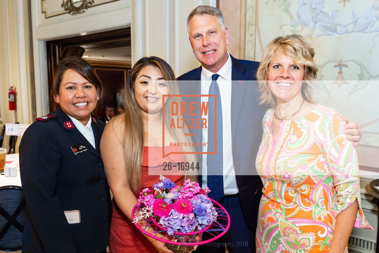 Paula Wild, Jacky Vallejo, Ernst Bauer, Jennifer Byrd, Salvation Army's Flower Power Luncheon 2018, Sir Francis Drake Hotel. 450 Powell St, August 8th, 2018, Photo #26-16944 Paula Wild, Jacky Vallejo, Ernst Bauer, Jennifer Byrd, Photo #26-16944