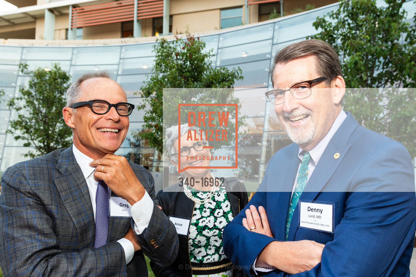 Greg Avis, Anne Avis, Denny Lund, Dedication and Ribbon Cutting of the Susan and John A. Sobrato Pavilion and the Tad and Dianne Taube Pavilion at Lucile Packard Children's Hospital, Lucile Packard Children's Hospital Stanford. 725 Welch Road, August 21st, 2018, Photo #340-16962 Greg Avis, Anne Avis, Denny Lund, Photo #340-16962