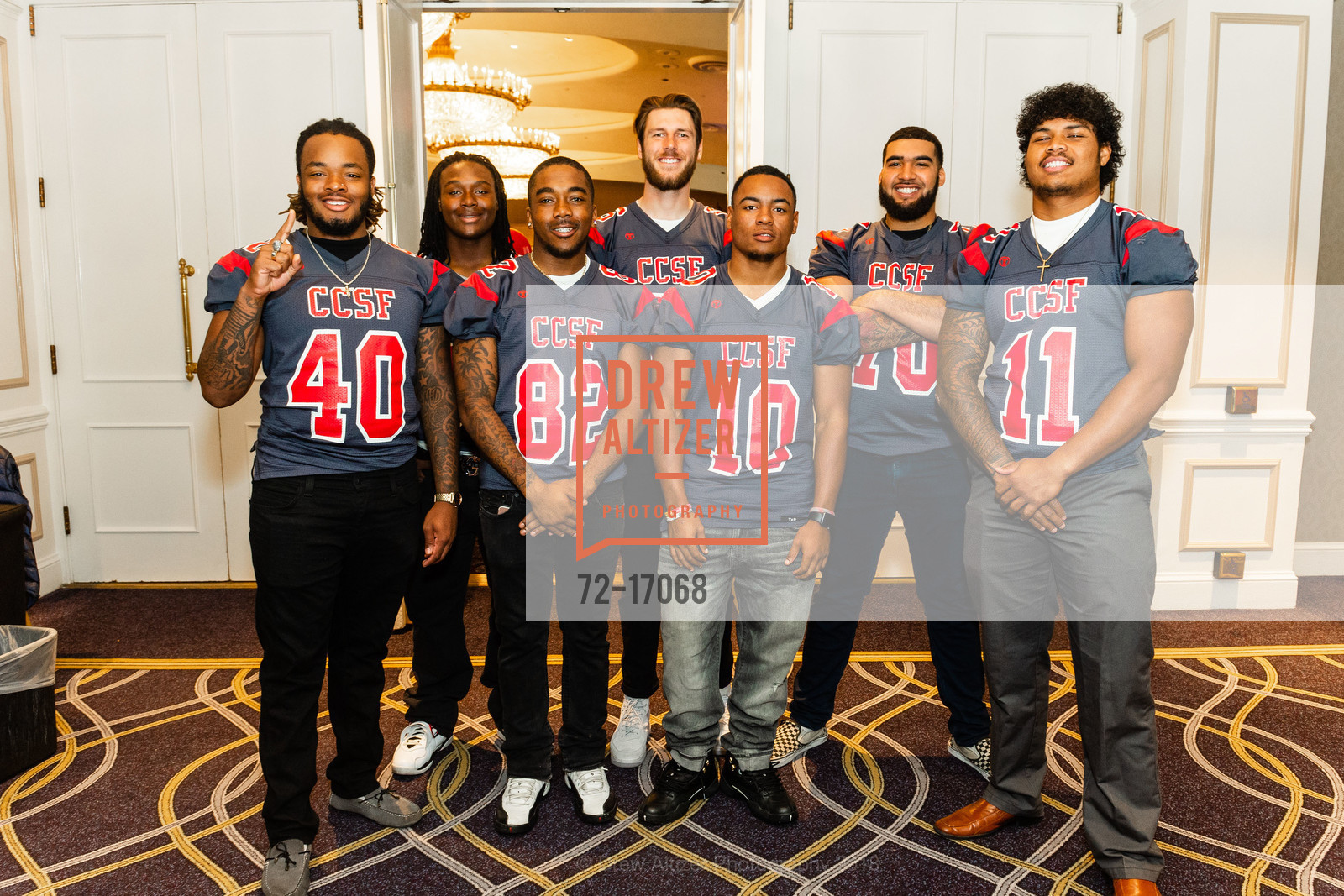 Miles DaSilva, Josiah Simmons, Alex Hutchinton, Kyle Mozzone, Deshon Collins, Justin Bell, Tavai Tuitasi, City College of San Francisco 14th Annual Basic Skills Luncheon, Fairmont Hotel. 950 Mason St, September 25th, 2018, Photo #72-17068 Miles DaSilva, Josiah Simmons, Alex Hutchinton, Kyle Mozzone, Deshon Collins, Justin Bell, Tavai Tuitasi, Photo #72-17068