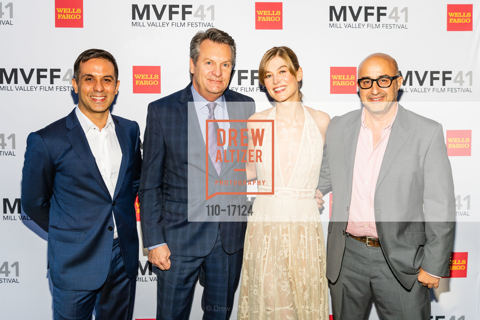 Arash Amel, William Sadleir, Rosamund Pike, David Dinerstein, Mill Valley Film Festival 2018 Opening Night Gala and Red Carpet, Outdoor Art Club. 1 W. Blithedale Avenue, October 4th, 2018, Photo #110-17124 Arash Amel, William Sadleir, Rosamund Pike, David Dinerstein, Photo #110-17124