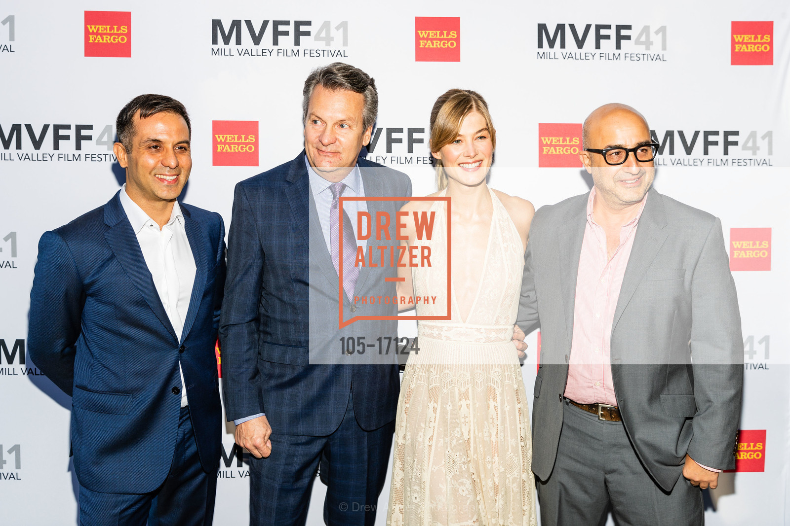 Arash Amel, William Sadleir, Rosamund Pike, David Dinerstein, Mill Valley Film Festival 2018 Opening Night Gala and Red Carpet, Outdoor Art Club. 1 W. Blithedale Avenue, October 4th, 2018, Photo #105-17124 Arash Amel, William Sadleir, Rosamund Pike, David Dinerstein, Photo #105-17124