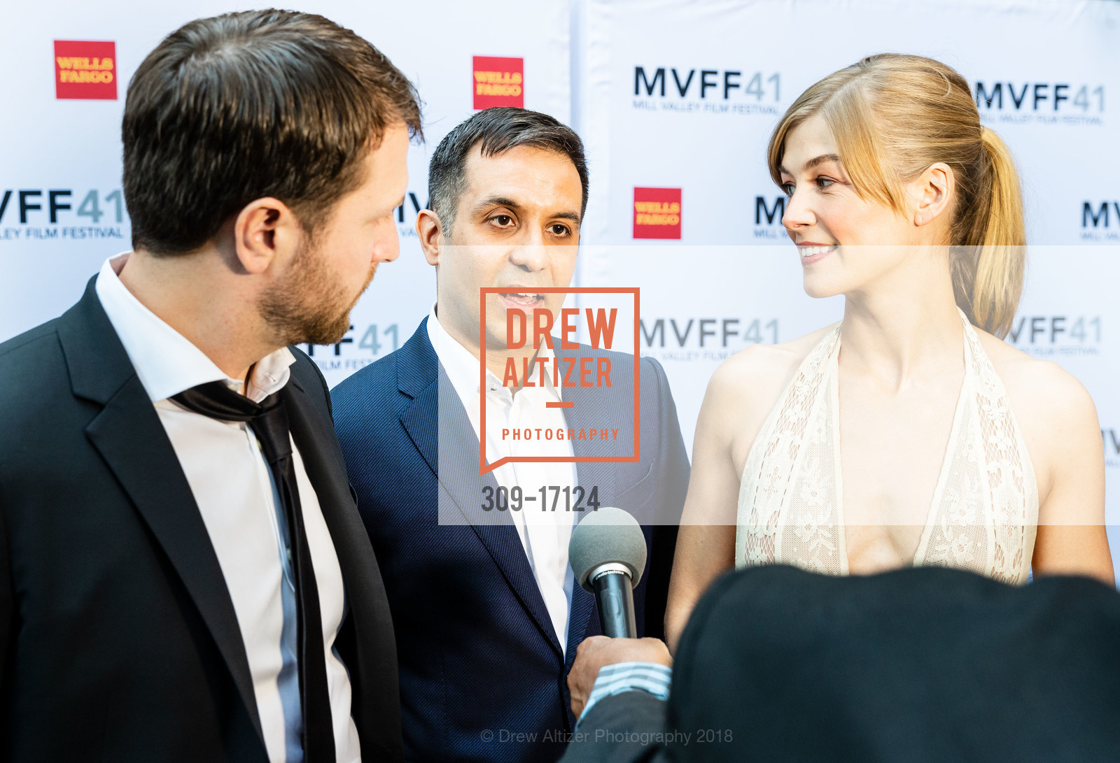 Matthew Heineman, Arash Amel, Rosamund Pike, Mill Valley Film Festival 2018 Opening Night Gala and Red Carpet, Outdoor Art Club. 1 W. Blithedale Avenue, October 4th, 2018, Photo #309-17124 Matthew Heineman, Arash Amel, Rosamund Pike, Photo #309-17124
