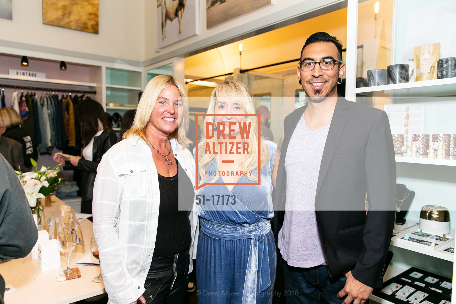 Bobbie Bennett, Danielle Bourhis, Mario Trujillo, The Bar Code Store Opening, The Barcode Store. 3600 Sacramento street, October 11th, 2018, Photo #51-17173 Bobbie Bennett, Danielle Bourhis, Mario Trujillo, Photo #51-17173