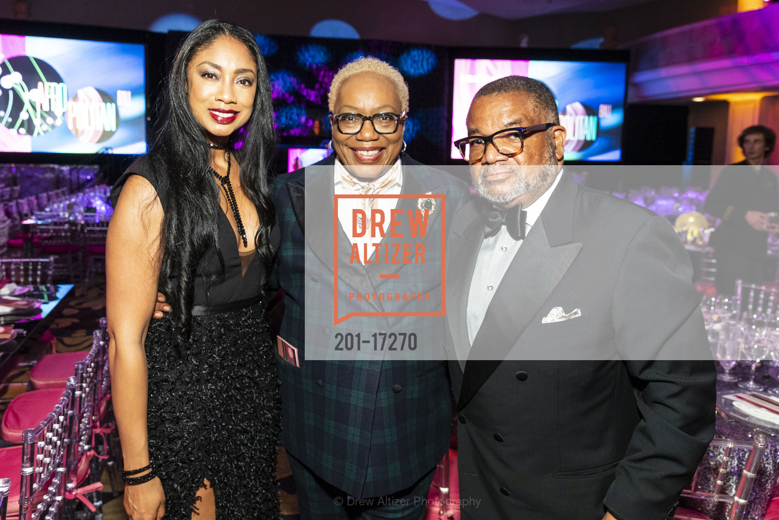 Bonnie Chung, Linda Harrison, Carl Hackney, MoAD's Afropolitan Ball 2018, Fairmont Hotel, Photo #201-17270 Bonnie Chung, Linda Harrison, Carl Hackney, Photo #201-17270