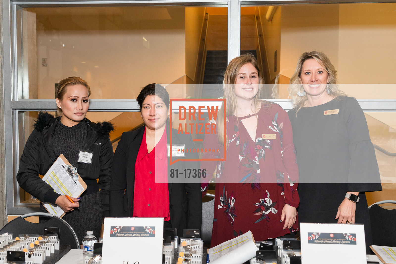 Yehleen Habitan, Elizabeth Kirchhoff, Michele Foletta, Tracey Edger, The Salvation Army’s Annual Holiday Luncheon 2018, The Salvation Army Kroc Center. 240 Turk St, Photo #81-17366 Yehleen Habitan, Elizabeth Kirchhoff, Michele Foletta, Tracey Edger, Photo #81-17366