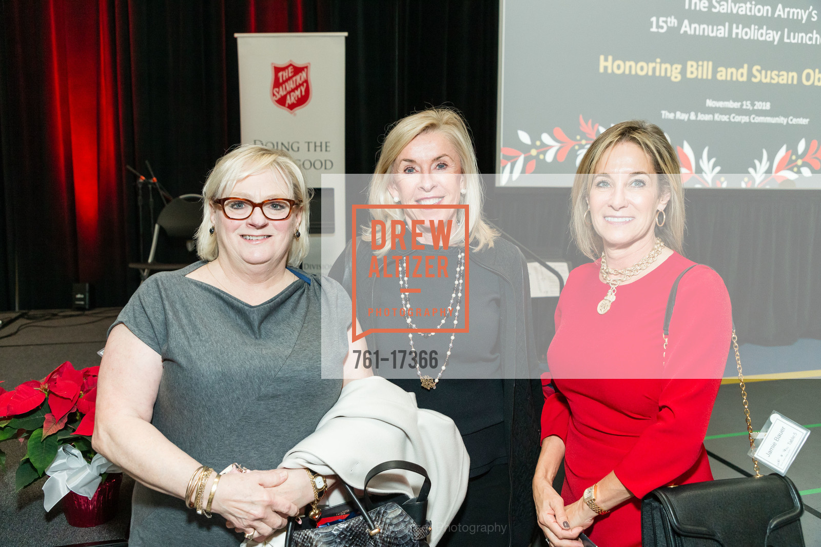 Jamie Bauer, Marilee Irwin, Kathleen Daley, The Salvation Army’s Annual Holiday Luncheon 2018, The Salvation Army Kroc Center. 240 Turk St, Photo #761-17366 Jamie Bauer, Marilee Irwin, Kathleen Daley, Photo #761-17366