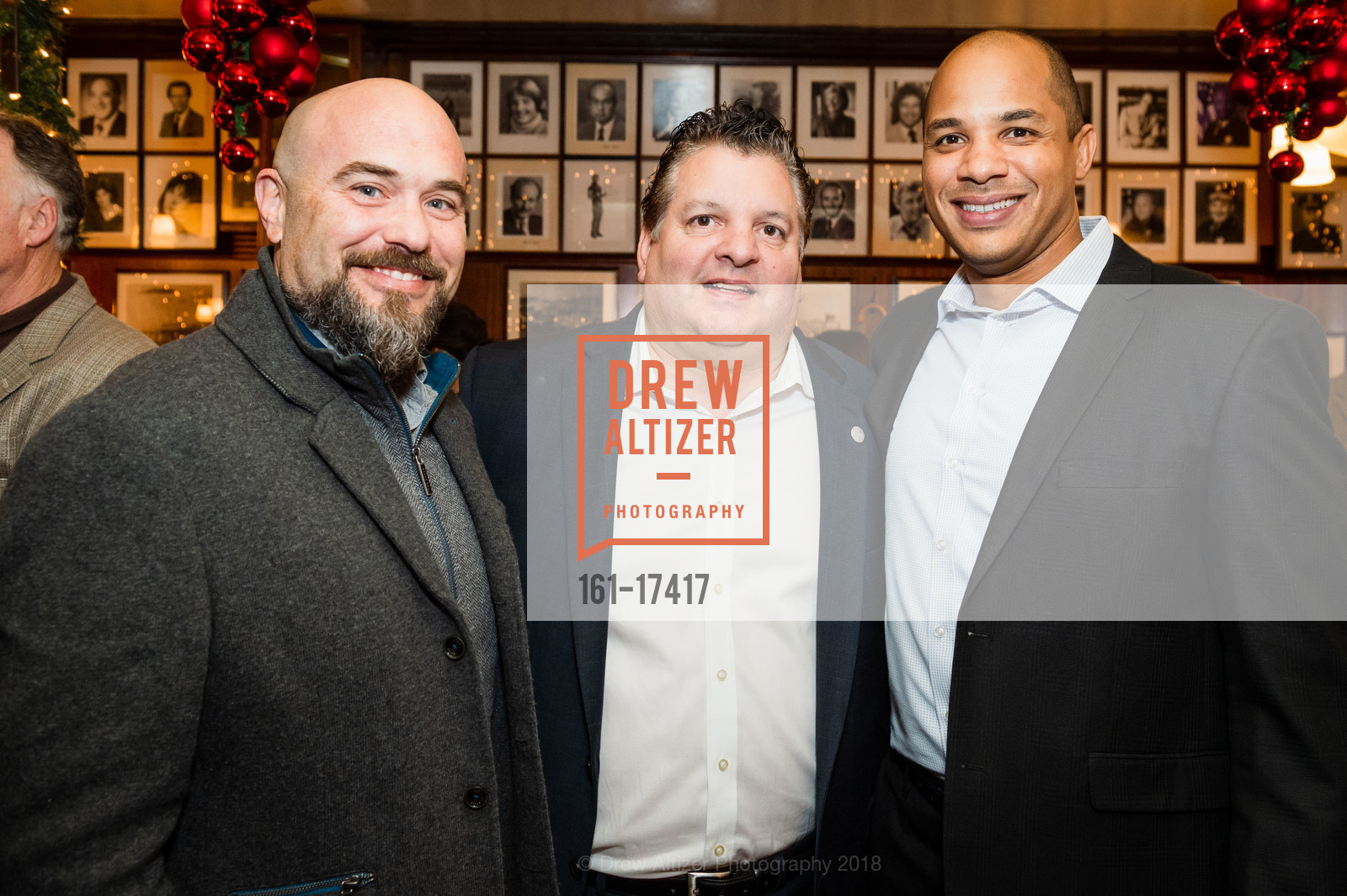 Ernie Simotas, John Konstin, Sean Peake, John's Grill 110th Anniversary Lunch, Historic John's Grill. 63 Ellis Street, November 29th, 2018, Photo #161-17417 Ernie Simotas, John Konstin, Sean Peake, Photo #161-17417