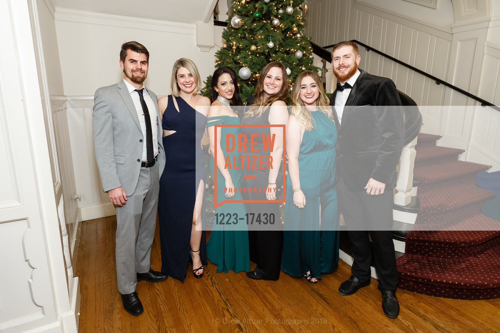 Bridge Bimon, Claire Feeney, Sormeh Yasaie, Amy Constable, Johanna Brilason, Jason Walter, Spinsters Holiday Ball 2018, Century Club of San Francisco. 1355 Franklin St, December 1st, 2018, Photo #1223-17430 Bridge Bimon, Claire Feeney, Sormeh Yasaie, Amy Constable, Johanna Brilason, Jason Walter, Photo #1223-17430