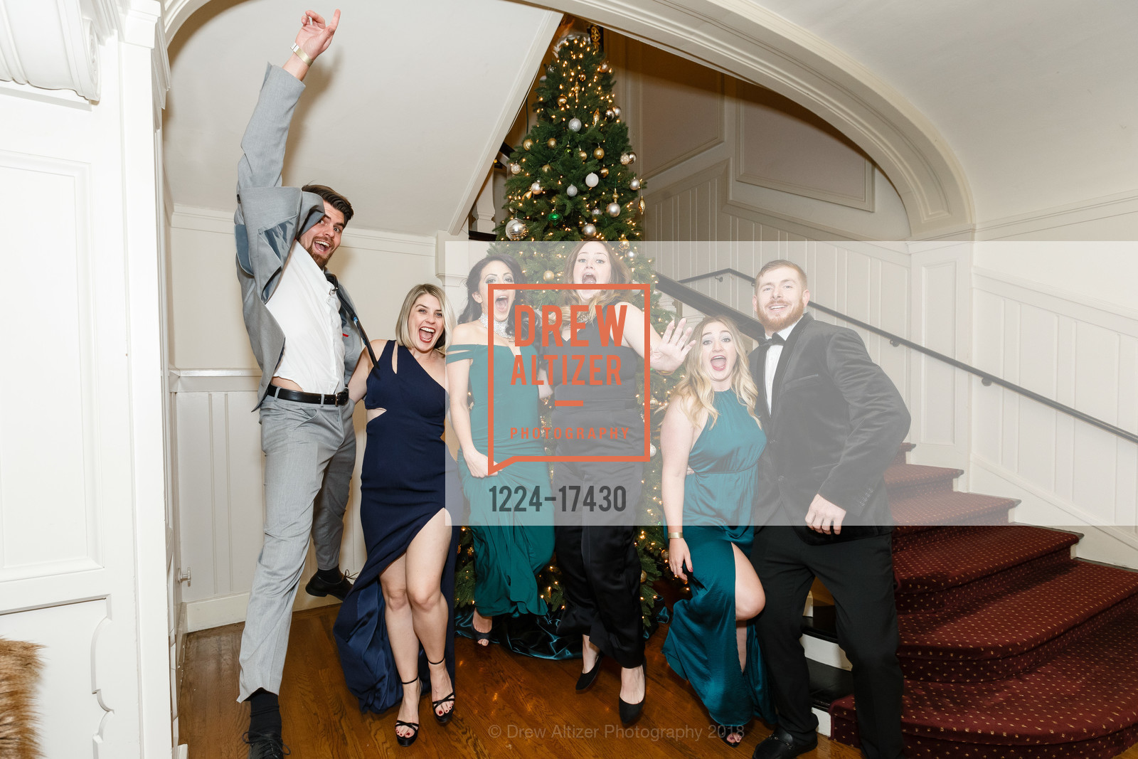 Bridge Bimon, Claire Feeney, Sormeh Yasaie, Amy Constable, Johanna Brilason, Jason Walter, Spinsters Holiday Ball 2018, Century Club of San Francisco. 1355 Franklin St, December 1st, 2018, Photo #1224-17430 Bridge Bimon, Claire Feeney, Sormeh Yasaie, Amy Constable, Johanna Brilason, Jason Walter, Photo #1224-17430