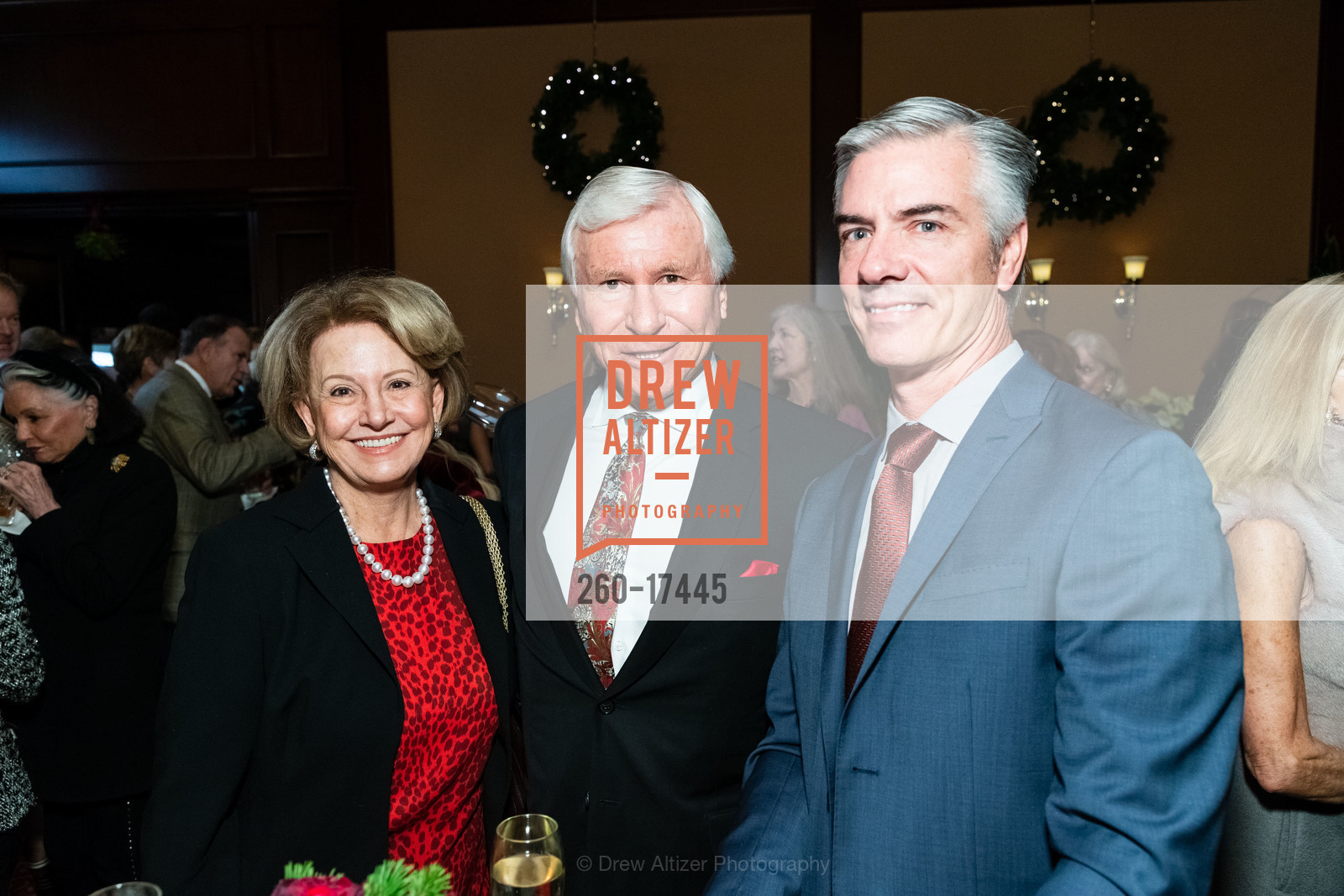 Martha Irmer, David Irmer, Steve Lauth, Shansby/Matarasso Holiday Party 2018, Harris' Restaurant. 2100 Van Ness St, Photo #260-17445 Martha Irmer, David Irmer, Steve Lauth, Photo #260-17445