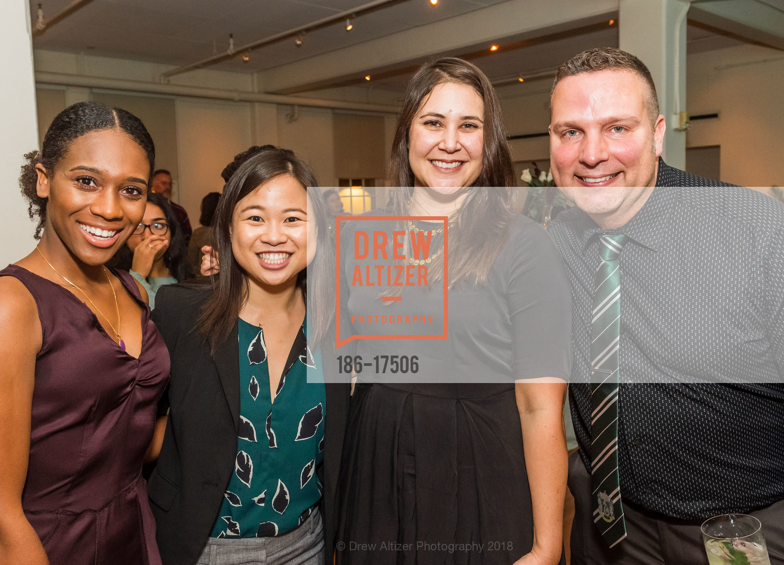 Mariah Watson, Angela Yip, Nikki Moore, Gabe Caswell, Re:Store Justice First Annual Holiday Celebration, SFFILM Centre. 39 Mesa Street, December 12th, 2018, Photo #186-17506 Mariah Watson, Angela Yip, Nikki Moore, Gabe Caswell, Photo #186-17506