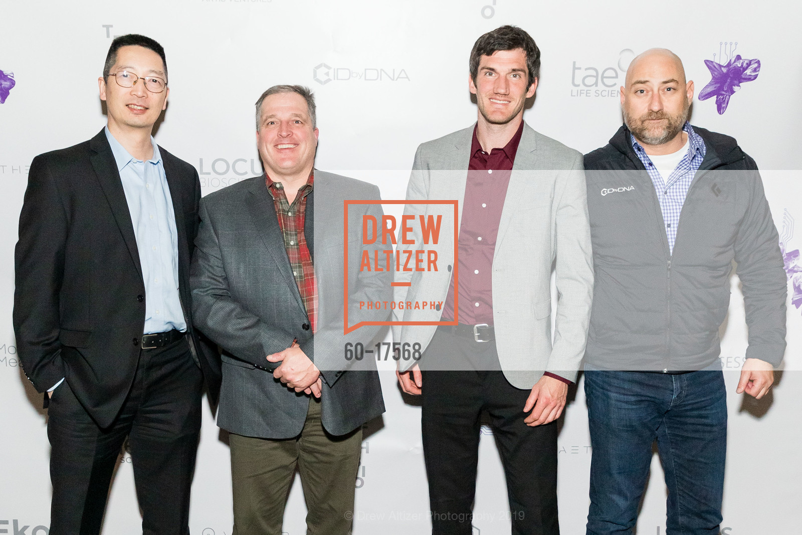 Guochun Liao, Jeff Field, Steven Flygare, James Eastman, TechBio 2019, Merchant's Exchange Club. 75 Leidesdorff Street, January 7th, 2019, Photo #60-17568 Guochun Liao, Jeff Field, Steven Flygare, James Eastman, Photo #60-17568