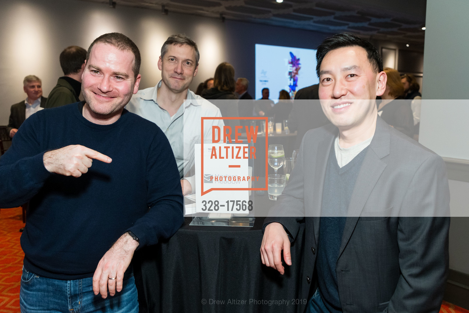 Andras Forgas, David Willaimson, Rex Liu, TechBio 2019, Merchant's Exchange Club. 75 Leidesdorff Street, January 7th, 2019, Photo #328-17568 Andras Forgas, David Willaimson, Rex Liu, Photo #328-17568