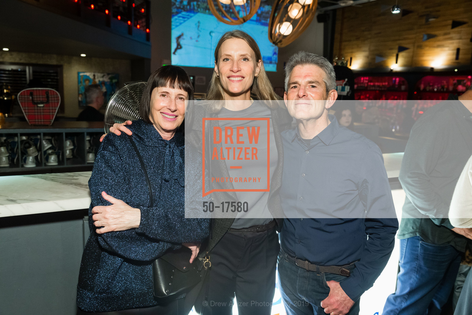 Carla Emil, Hanna Schouwink, Jeffrey Fraenkel, Pre-FOG Bowling, Burger & Cocktail Extravaganza: Hosted by Fraenkel Gallery and David Zwirner Gallery, Mission Bowling Club. 3176 17th Street, January 15th, 2019, Photo #50-17580 Carla Emil, Hanna Schouwink, Jeffrey Fraenkel, Photo #50-17580