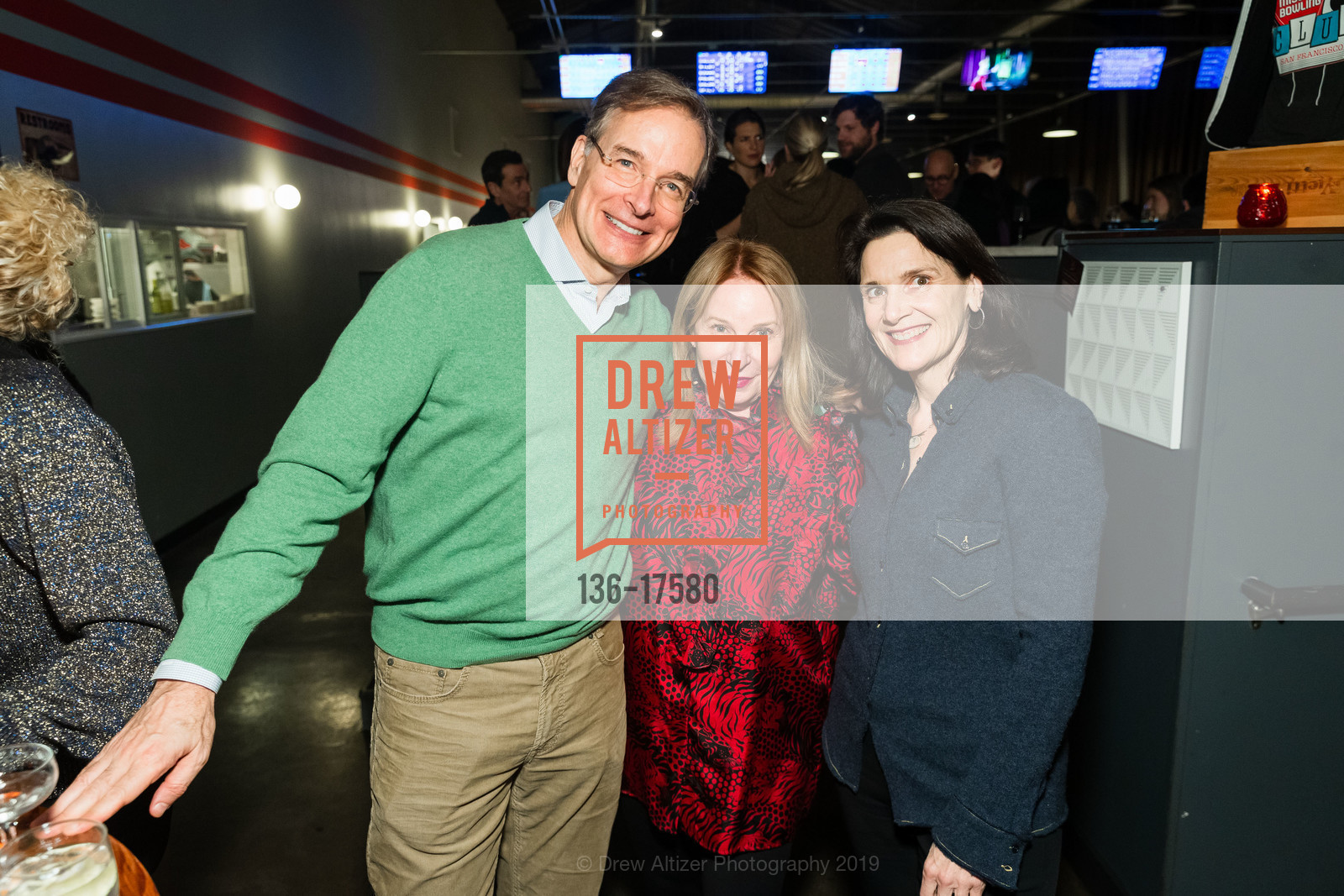 John Atwater, Lisa Pritzker, Diana Nelson, Pre-FOG Bowling, Burger & Cocktail Extravaganza: Hosted by Fraenkel Gallery and David Zwirner Gallery, Mission Bowling Club. 3176 17th Street, January 15th, 2019, Photo #136-17580 John Atwater, Lisa Pritzker, Diana Nelson, Photo #136-17580