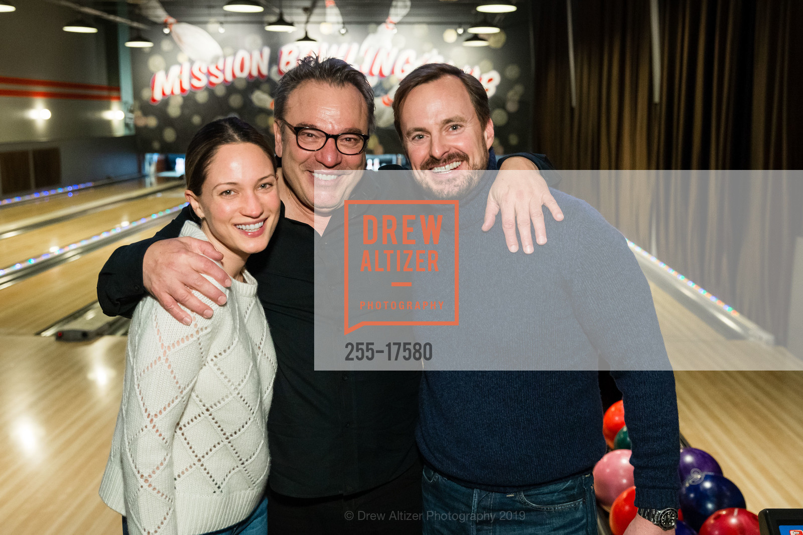 Kelley Mandor, Stanlee Gatti, Christopher Bass, Pre-FOG Bowling, Burger & Cocktail Extravaganza: Hosted by Fraenkel Gallery and David Zwirner Gallery, Mission Bowling Club. 3176 17th Street, January 15th, 2019, Photo #255-17580 Kelley Mandor, Stanlee Gatti, Christopher Bass, Photo #255-17580