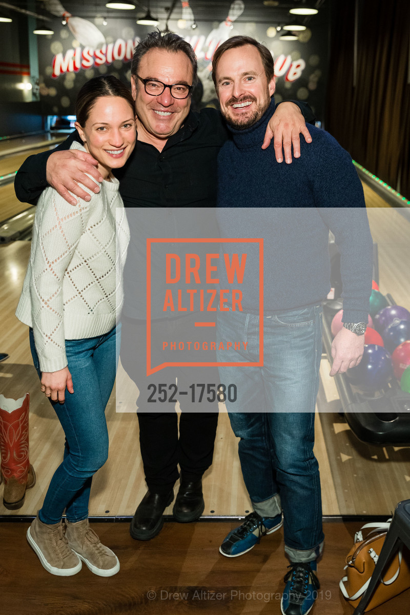 Kelly Mandor, Stanlee Gatti, Christopher Bass, Pre-FOG Bowling, Burger & Cocktail Extravaganza: Hosted by Fraenkel Gallery and David Zwirner Gallery, Mission Bowling Club. 3176 17th Street, January 15th, 2019, Photo #252-17580 Kelly Mandor, Stanlee Gatti, Christopher Bass, Photo #252-17580