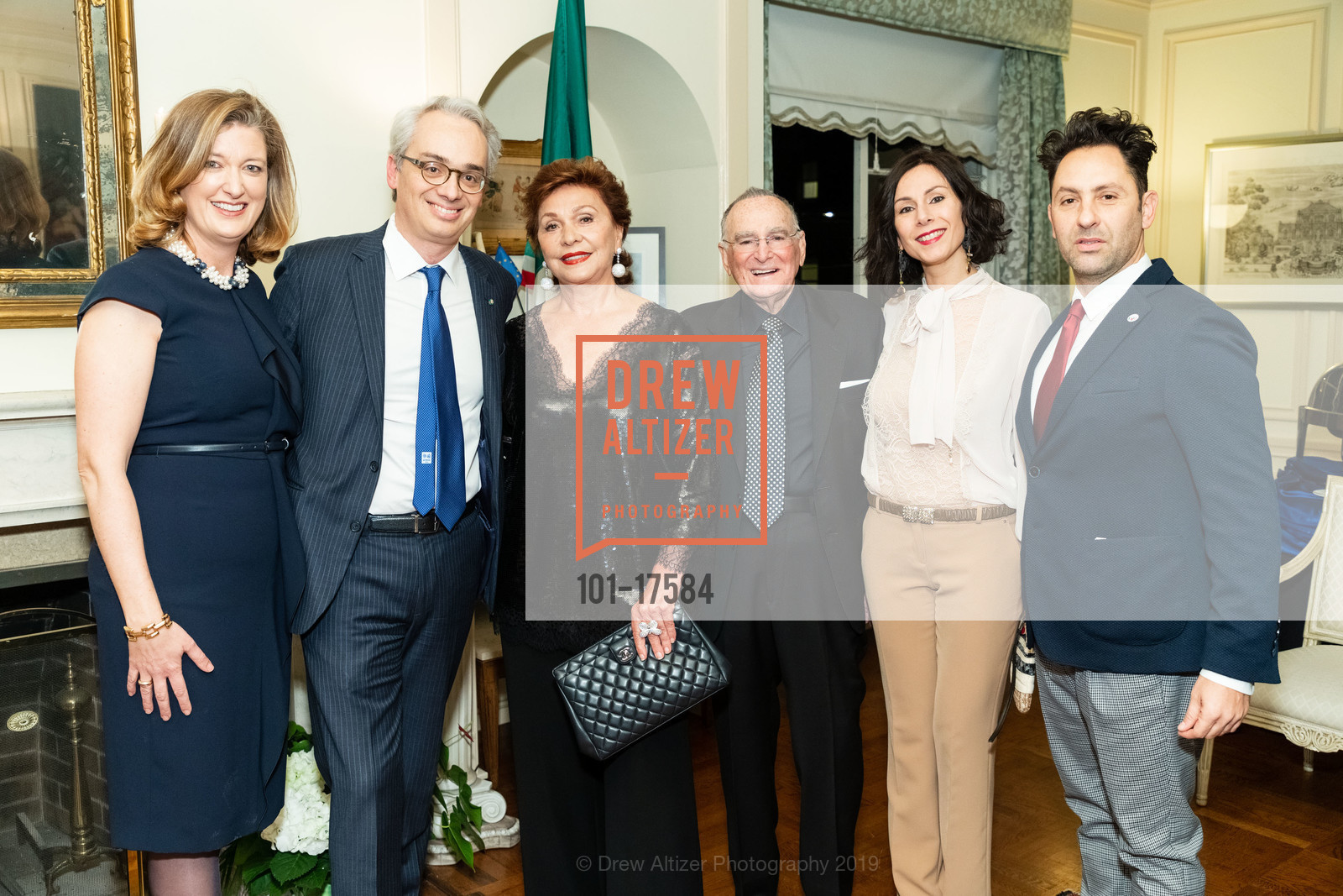 Sheila Ortona, Lorenzo Ortona, Maria Manetti Shrem, Jan Shrem, Eva Macauda, Mauro Aprile Zanetti, Grand Officer of the Order of the Star of Italy bestowed on Maria Manetti Shrem, Consulate General of Italy. 2151 Broadway, January 14th, 2019, Photo #101-17584 Sheila Ortona, Lorenzo Ortona, Maria Manetti Shrem, Jan Shrem, Eva Macauda, Mauro Aprile Zanetti, Photo #101-17584