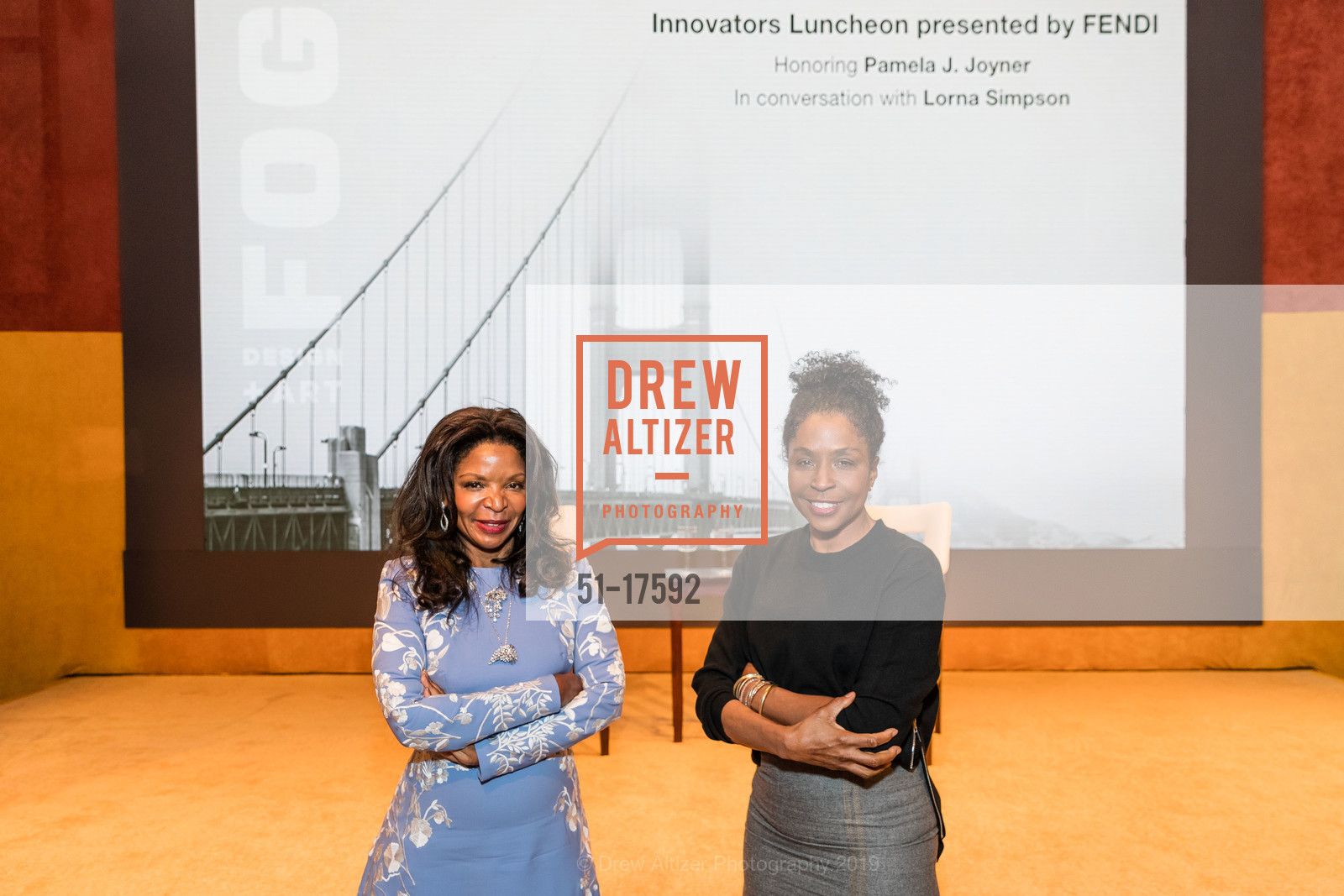 Pamela Joyner, Lorna Simpson, FOG Design+Art 2019 Innovators Luncheon, Fort Mason Festival Pavilion, January 17th, 2019, Photo #51-17592 Pamela Joyner, Lorna Simpson, Photo #51-17592