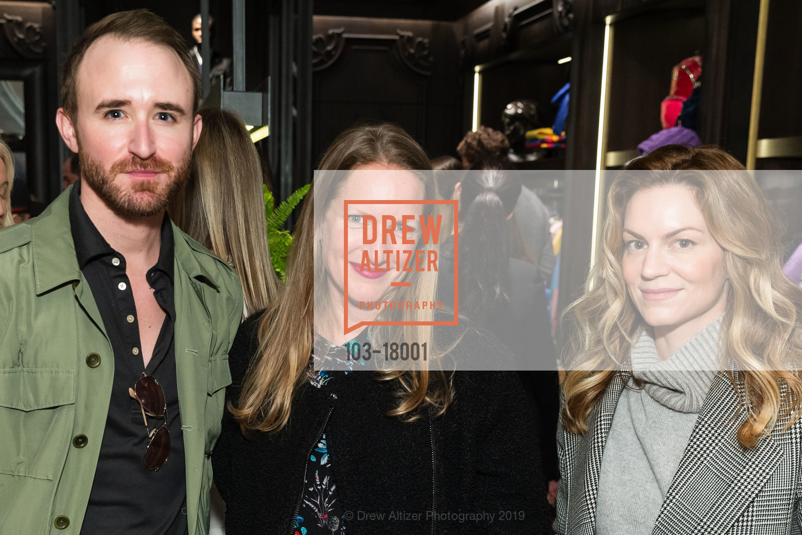 Andrew Lutjens, Erin Sumwalt, Megan Crum, Moncler Fragment Launch, Moncler. 212 Stockton Street, March 28th, 2019, Photo #103-18001 Andrew Lutjens, Erin Sumwalt, Megan Crum, Photo #103-18001