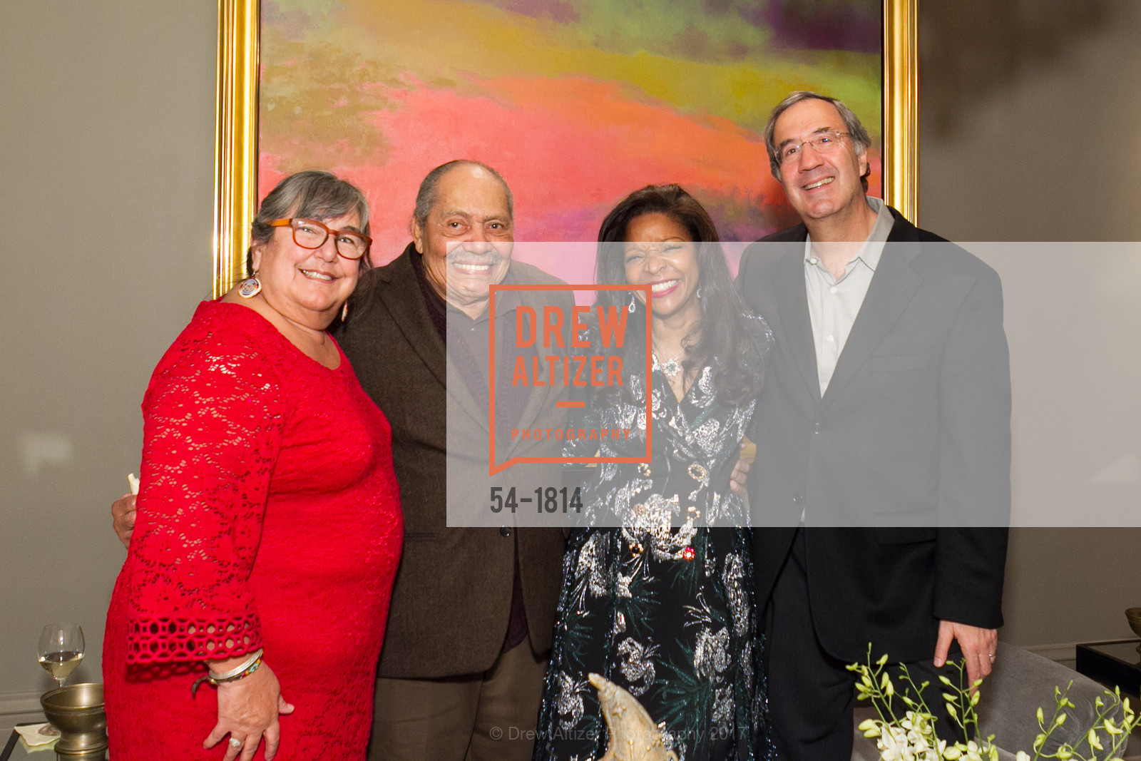 Rosemary Gibbons-Mayhew, Richard Mayhew, Pamela Joyner, Fred Giuffrida, Pamela Joyner Hosts SF State College of Ethnic Studies, Private Residence. 18 Presidio Terrace, January 13th, 2017, Photo #54-1814 Rosemary Gibbons-Mayhew, Richard Mayhew, Pamela Joyner, Fred Giuffrida, Photo #54-1814