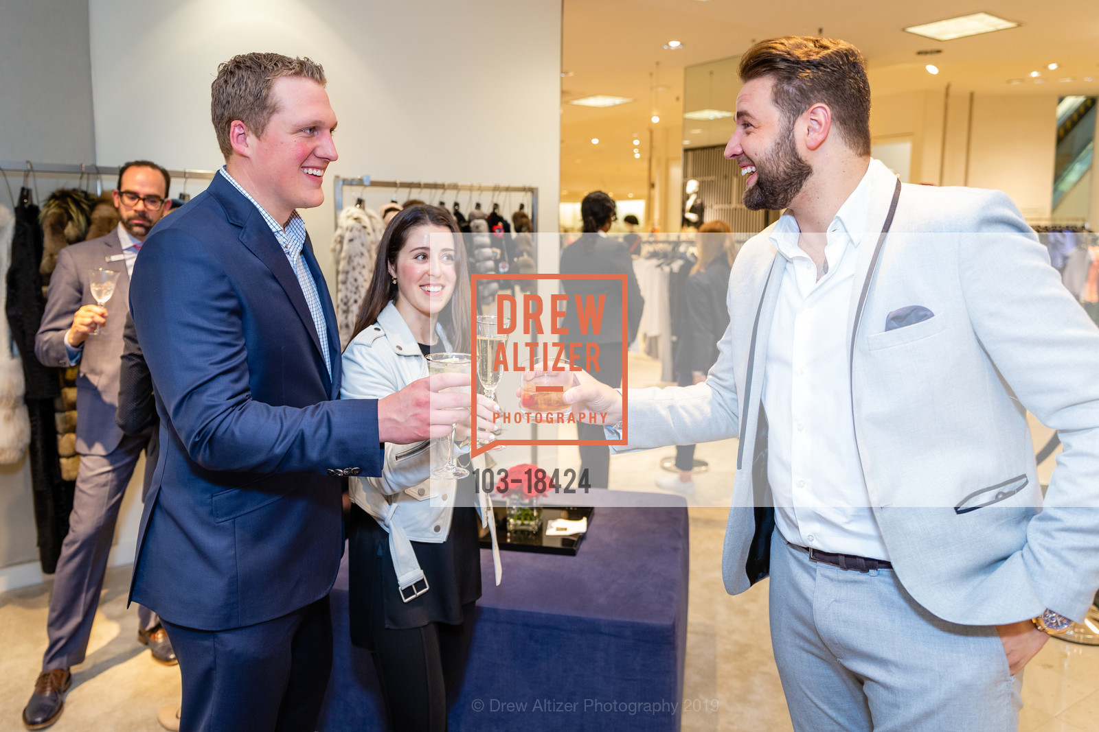 Zack Buck, Melanie Goldenstein, Antonio Cardamuro, Saks Fifth Avenue Hosts "Inside the Vault" Dinner, Saks Fifth Avenue, Third Floor - Ballroom. 384 Post Street, May 9th, 2019, Photo #103-18424 Zack Buck, Melanie Goldenstein, Antonio Cardamuro, Photo #103-18424