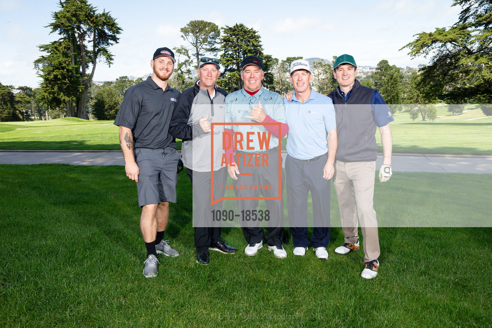 Travis Swank, Mike Matthews, Jeff Clark, Adrian Young, Nick Biagi, UCSF Health Celebrity Golf Classic 2019, Olympic Club. 599 Skyline Blvd, San Francisco, CA 94132, May 20th, 2019, Photo #1090-18538 Travis Swank, Mike Matthews, Jeff Clark, Adrian Young, Nick Biagi, Photo #1090-18538