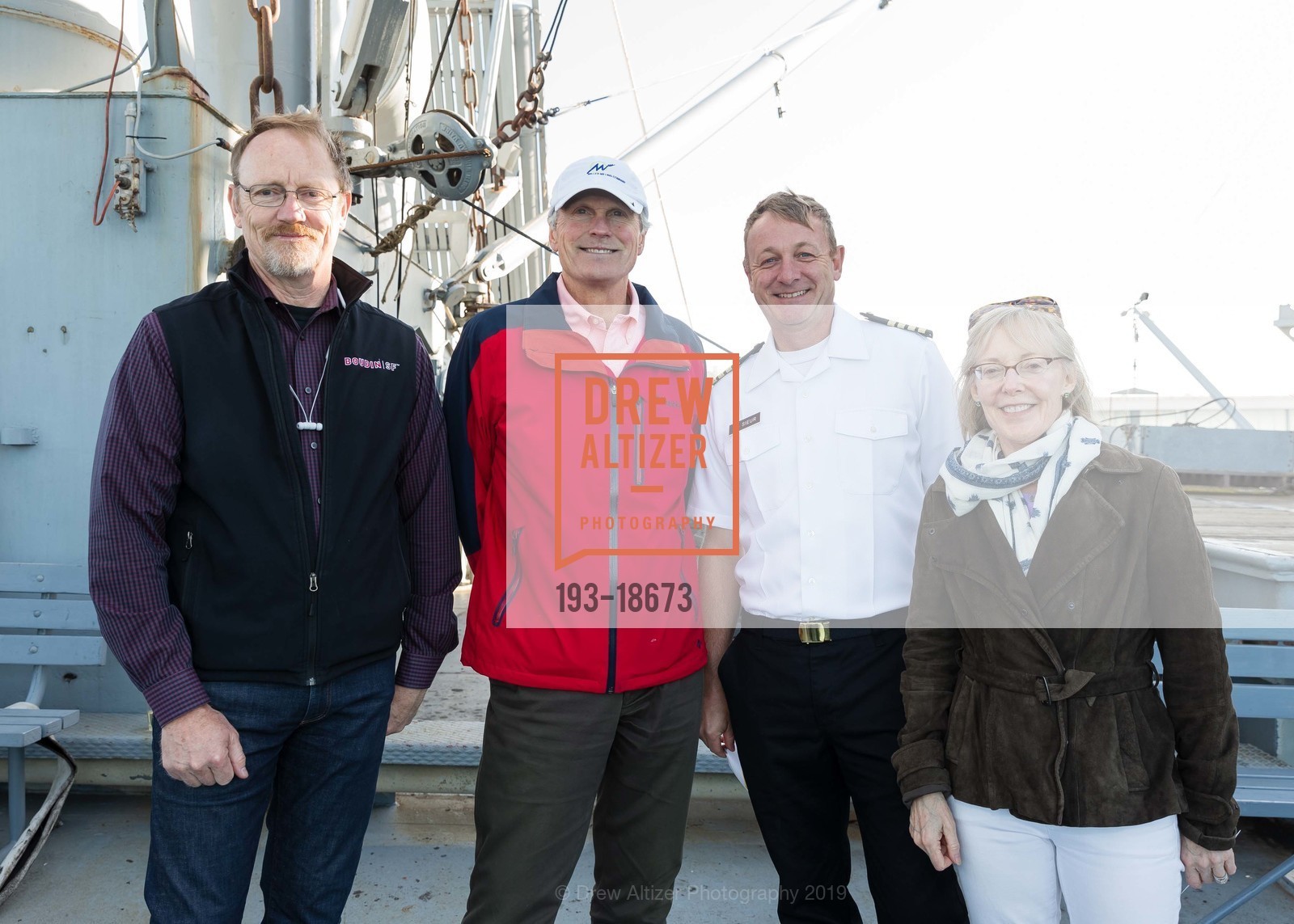 Gregg Fleury, Matt Downing, Cevan LeSieur, Barbara Shannon, SF Chamber of Commerce Executive Reception on the SS Jeremiah O’Brien, SS Jeremiah O’Brien. Pier 45, Fisherman's Wharf, June 6th, 2019, Photo #193-18673 Gregg Fleury, Matt Downing, Cevan LeSieur, Barbara Shannon, Photo #193-18673