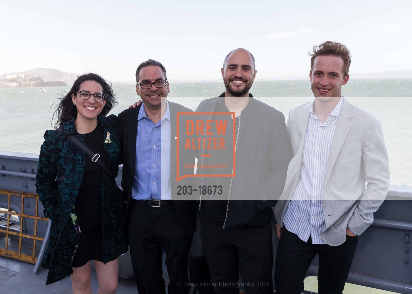 Sarah Rosales, Packy Kelly, Greg Keyes, Seth Parker, SF Chamber of Commerce Executive Reception on the SS Jeremiah O’Brien, SS Jeremiah O’Brien. Pier 45, Fisherman's Wharf, June 6th, 2019, Photo #203-18673 Sarah Rosales, Packy Kelly, Greg Keyes, Seth Parker, Photo #203-18673