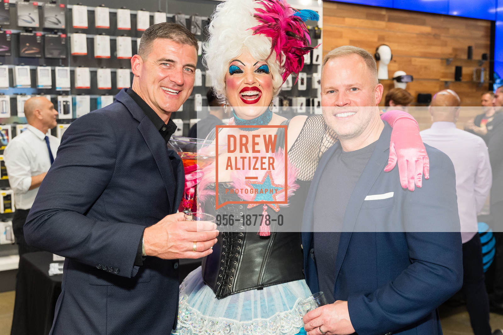 Chuck De Kock, Anita, John Hunt, VIP Pride Party 2019, AT&T Store. 1 Powell Street, June 21st, 2019, Photo #956-18778-0 Chuck De Kock, Anita, John Hunt, Photo #956-18778-0