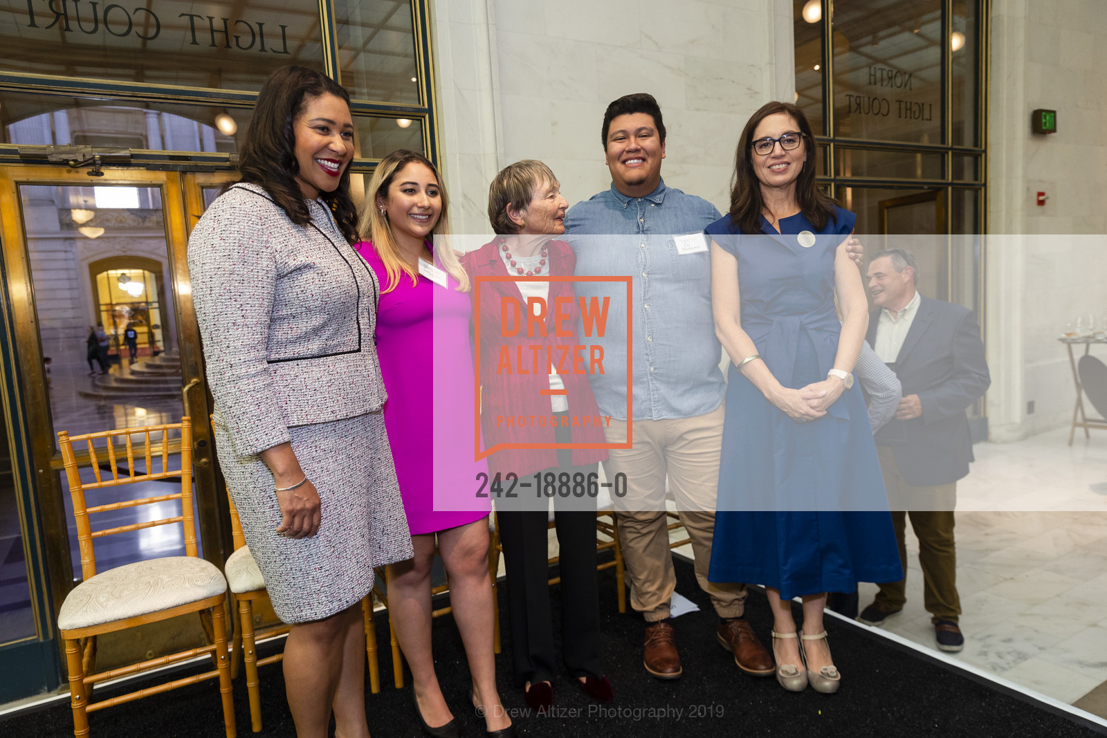 London Breed, Katalina Mendoza, Gladys Thacher, Cal Montejano, Ninive Calegari, Enterprise for Youth's 50th Anniversary & Gladys Thacher's 90th Birthday Celebration, San Francisco City Hall, July 11th, 2019, Photo #242-18886-0 London Breed, Katalina Mendoza, Gladys Thacher, Cal Montejano, Ninive Calegari, Photo #242-18886-0