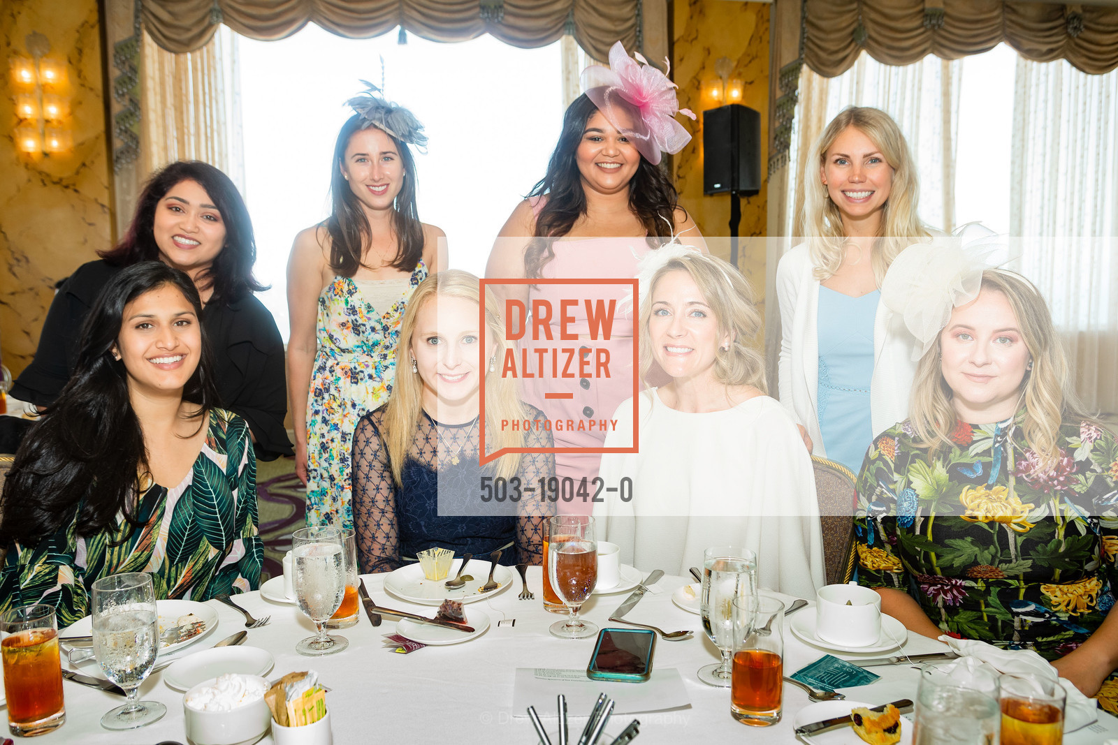 Mayesha Huq, Rupa Patel, Devan Hoffy, Savannah Ryder, Cori Shearer, Maria Deross, Lauren Mackevich, Spinsters of SF New Member Tea 2019, Fairmont Hotel, Photo #503-19042-0 Mayesha Huq, Rupa Patel, Devan Hoffy, Savannah Ryder, Cori Shearer, Maria Deross, Lauren Mackevich, Photo #503-19042-0