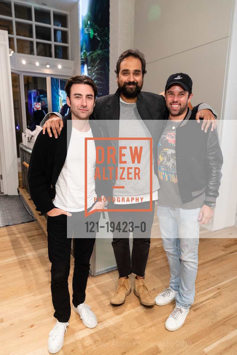 Casey Tatham, Hosain Rahman, Anthony Schiller, RIMOWA Opening Party, RIMOWA. 222 Grant Avenue, October 15th, 2019, Photo #121-19423-0 Casey Tatham, Hosain Rahman, Anthony Schiller, Photo #121-19423-0