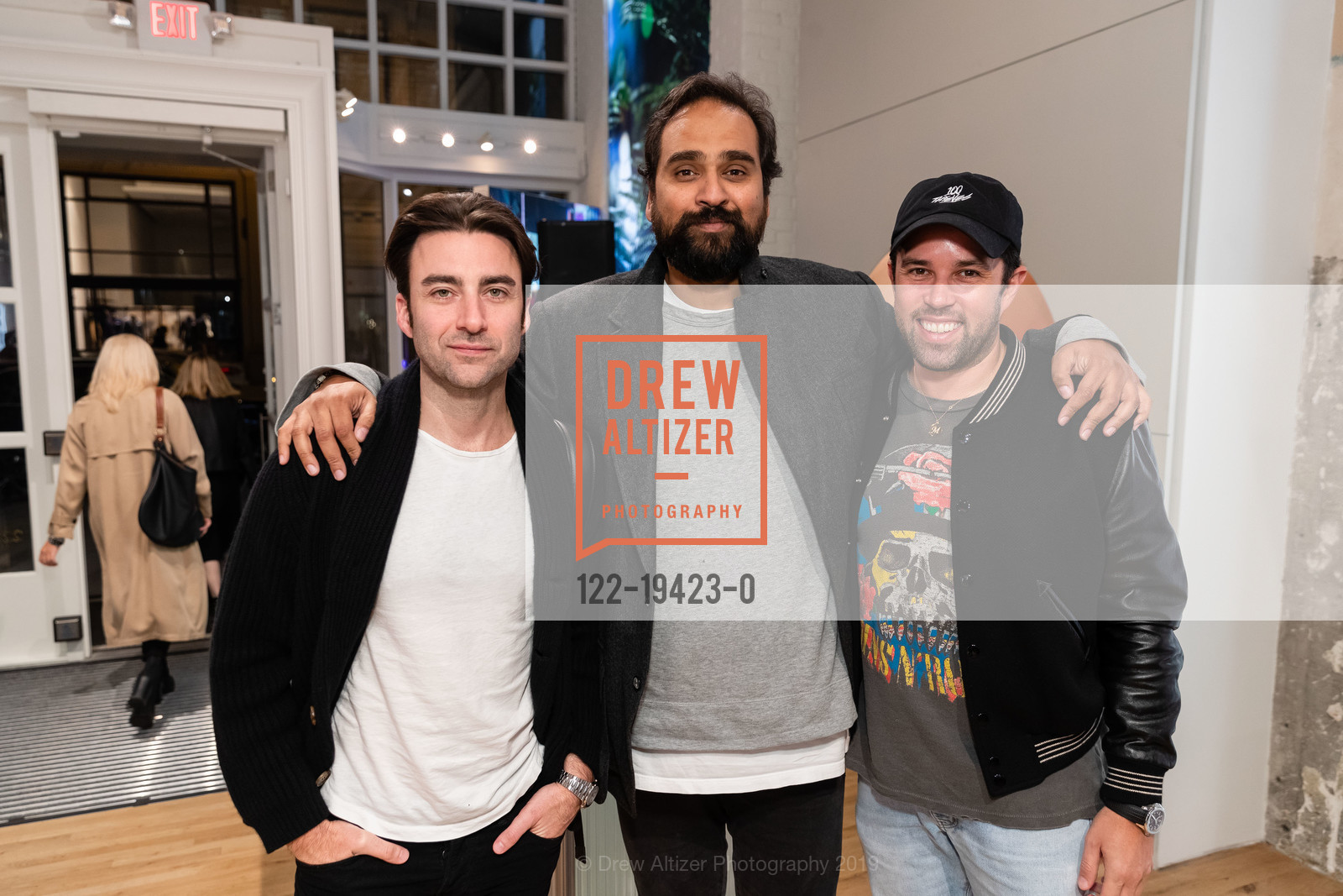 Casey Tatham, Hosain Rahman, Anthony Schiller, RIMOWA Opening Party, RIMOWA. 222 Grant Avenue, October 15th, 2019, Photo #122-19423-0 Casey Tatham, Hosain Rahman, Anthony Schiller, Photo #122-19423-0