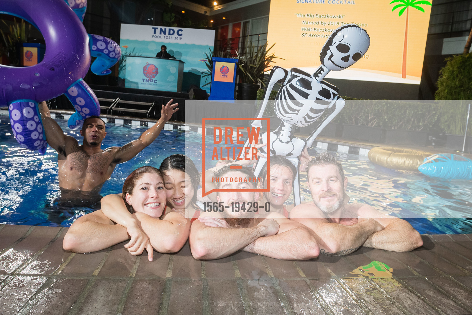 Elliott Quinones, Tina Pham, Jeremy Zadoorian, Veronique Borges, Julian Marshburn, TNDC's Annual Pool Toss 2019, Phoenix Hotel. 601 Eddy St, Photo #1565-19429-0 Elliott Quinones, Tina Pham, Jeremy Zadoorian, Veronique Borges, Julian Marshburn, Photo #1565-19429-0