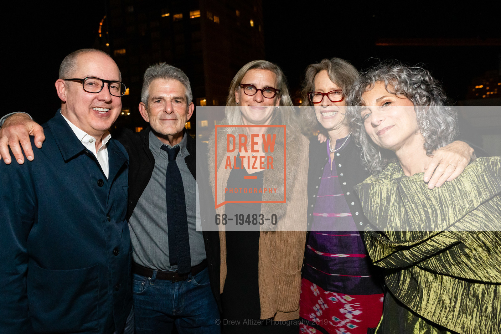 Greg Stewart, Jeffrey Fraenkel, Amy Whiteside, Katy Homans, Frish Brandt, Fraenkel Gallery 40th Anniversary Celebration, One Kearny Club. 23 Geary Street, October 22nd, 2019, Photo #68-19483-0 Greg Stewart, Jeffrey Fraenkel, Amy Whiteside, Katy Homans, Frish Brandt, Photo #68-19483-0