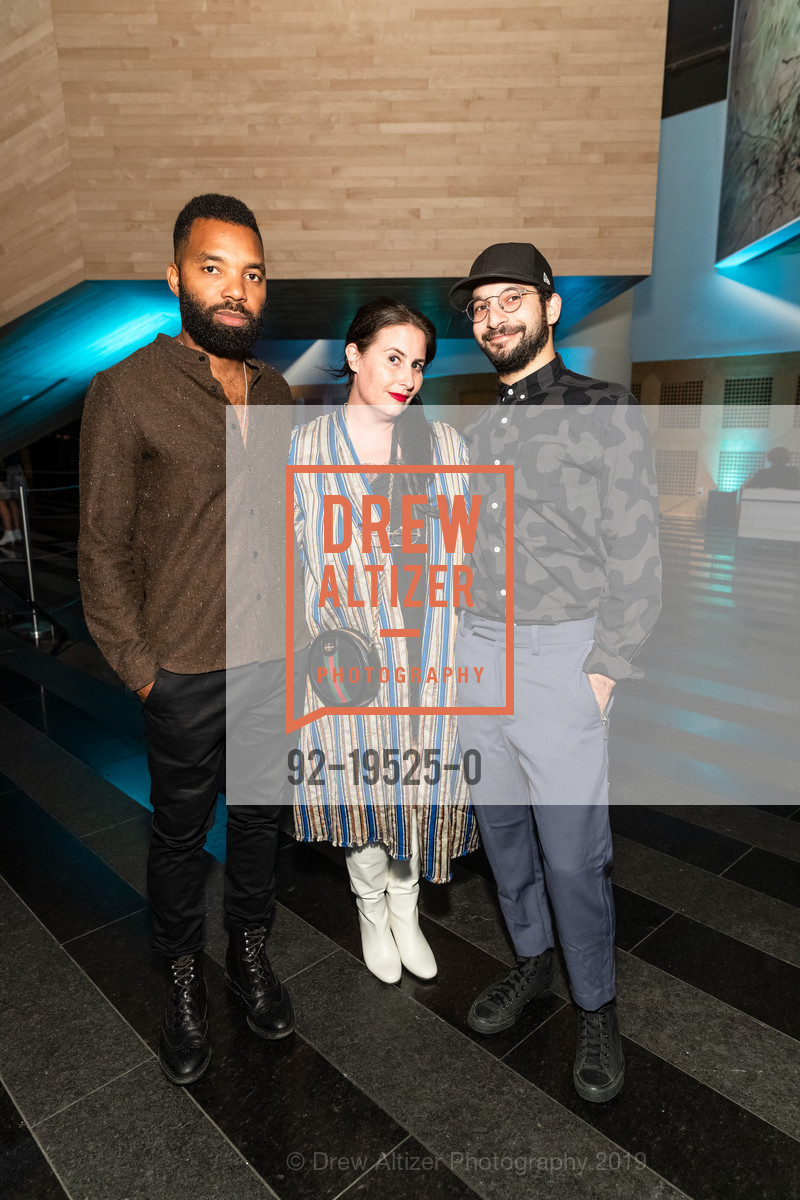 Tavares Strachan, Lauri Firstenberg, Jeremiah Joseph, SFMOMA SOFT POWER CC/DC Preview + Reception, SFMOMA, October 23rd, 2019, Photo #92-19525-0 Tavares Strachan, Lauri Firstenberg, Jeremiah Joseph, Photo #92-19525-0