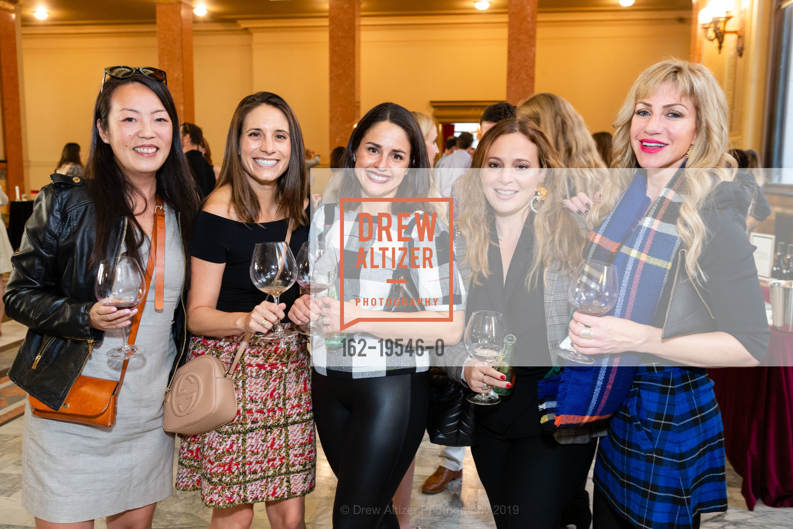 Laura Lee, Alex Lang, Elizabeth Zider, Suzanne Miller, Elise, Pinots & Plaid Wine Tasting, Hibernia Bank. 1 Jones St, October 26th, 2019, Photo #162-19546-0 Laura Lee, Alex Lang, Elizabeth Zider, Suzanne Miller, Elise, Photo #162-19546-0