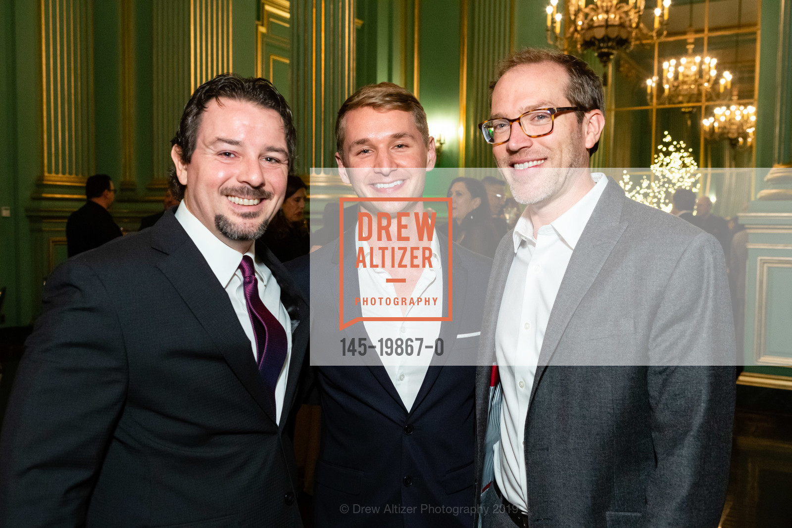 George McFaden, Tyler Vaughn, Tom Hertenstein, Sotheby's Homes Holiday Party 2019, War Memorial Opera House- Green Room. 301 Van Ness, December 10th, 2019, Photo #145-19867-0 George McFaden, Tyler Vaughn, Tom Hertenstein, Photo #145-19867-0