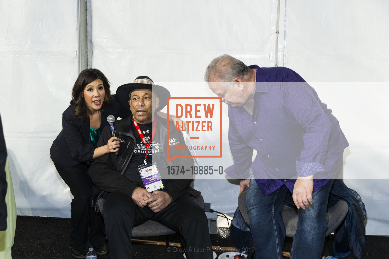 Kristen Sze, Orlando Cepeda, Peter Saltzman, Holiday Heroes 2019, Oracle Park. 24 willie mays plaza, December 10th, 2019, Photo #1574-19885-0 Kristen Sze, Orlando Cepeda, Peter Saltzman, Photo #1574-19885-0