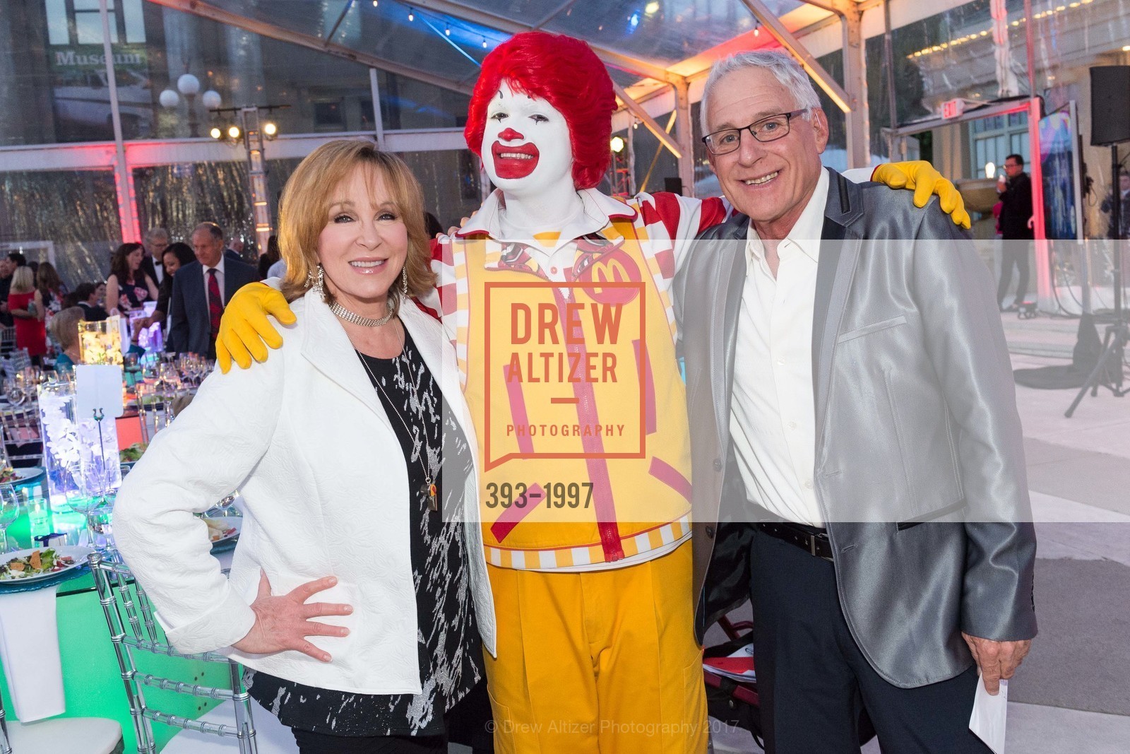 Cheryl Jennings, Ronald McDonald, Michael Rubinstein, Ronald McDonald House at Stanford's 2017 House Party!, "Expect the Unexpected", San Mateo County History Museum and it's square. 2200 Broadway Redwood City, California 94063, April 1st, 2017, Photo #393-1997 Cheryl Jennings, Ronald McDonald, Michael Rubinstein, Photo #393-1997