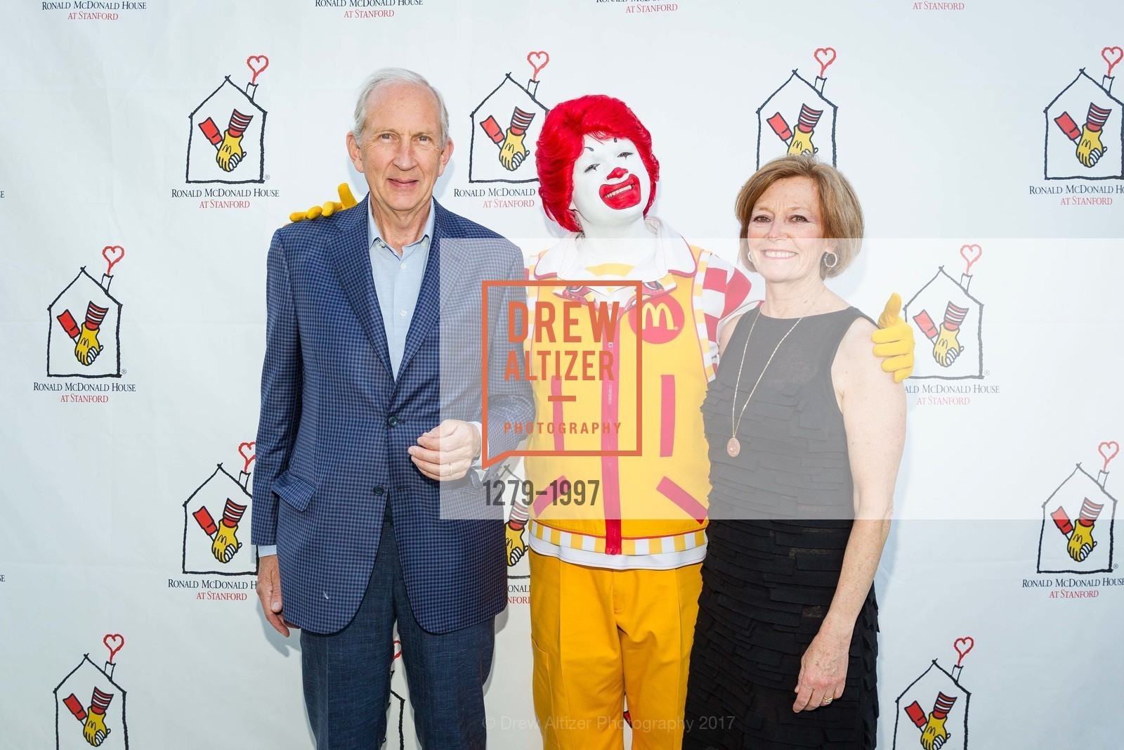 Fred Kittler, Ronald McDonald, Gail Kittler, Ronald McDonald House at Stanford's 2017 House Party!, "Expect the Unexpected", San Mateo County History Museum and it's square. 2200 Broadway Redwood City, California 94063, April 1st, 2017, Photo #1279-1997 Fred Kittler, Ronald McDonald, Gail Kittler, Photo #1279-1997