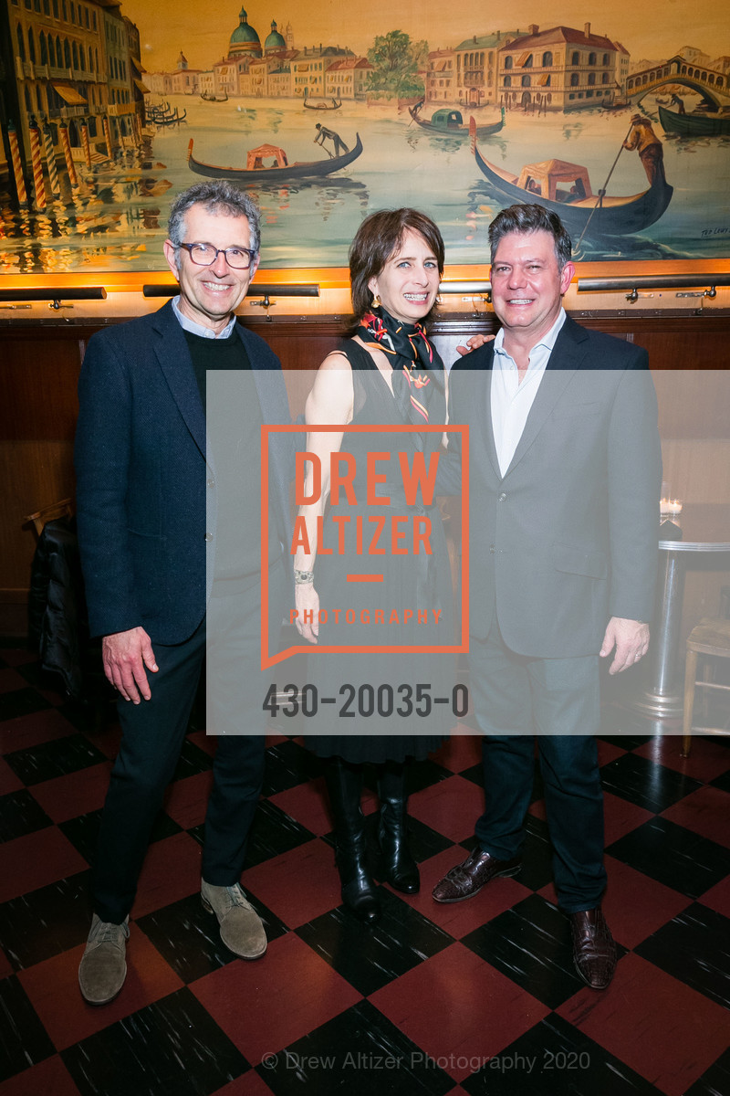 Roger Magoulas, Kristin Haring, Leo Villareal, Leo Villareal Dinner Celebrating FOG, Tosca Cafe. 242 Columbus Ave, January 16th, 2020, Photo #430-20035-0 Roger Magoulas, Kristin Haring, Leo Villareal, Photo #430-20035-0